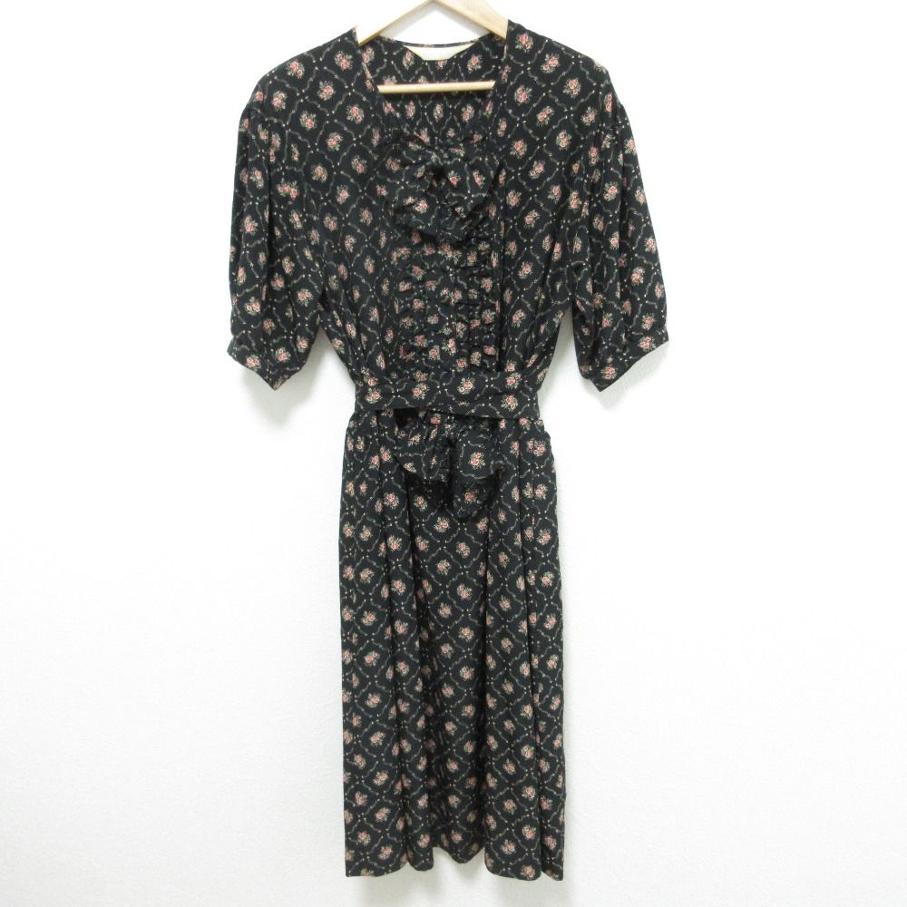 PINK HOUSE ピンクハウス リボン フラワープリント ワンピース ブラック レディース 古着