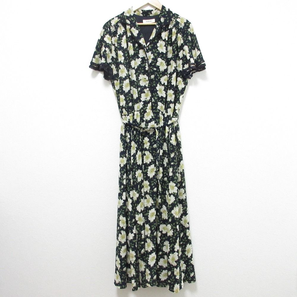 INGEBORG インゲボルグ フラワープリント フェイクパールボタン ワンピース ネイビー レディース 古着