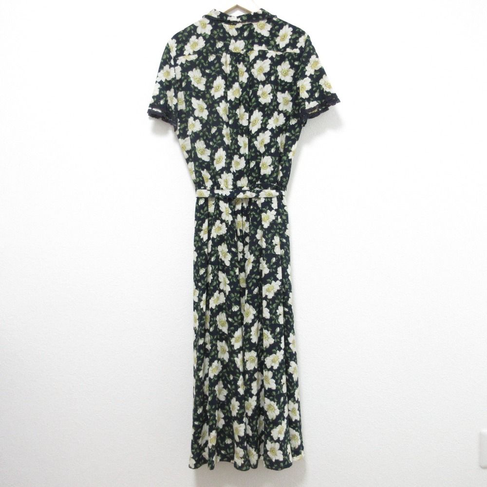 INGEBORG インゲボルグ フラワープリント フェイクパールボタン ワンピース ネイビー レディース 古着