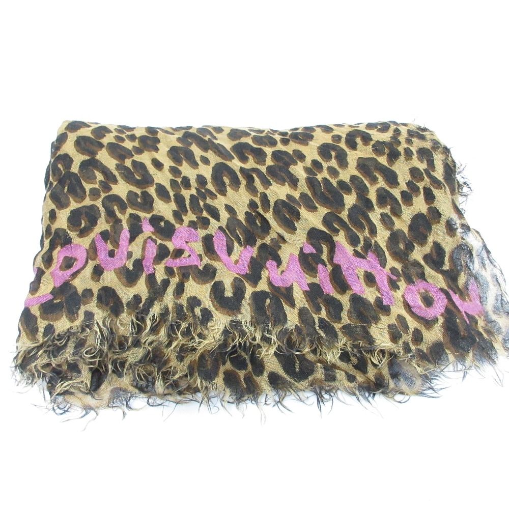 LOUIS VUITTON ルイヴィトン エトールレオパード ショール ストール M 72215 ブラウン ピンク レディース 古着