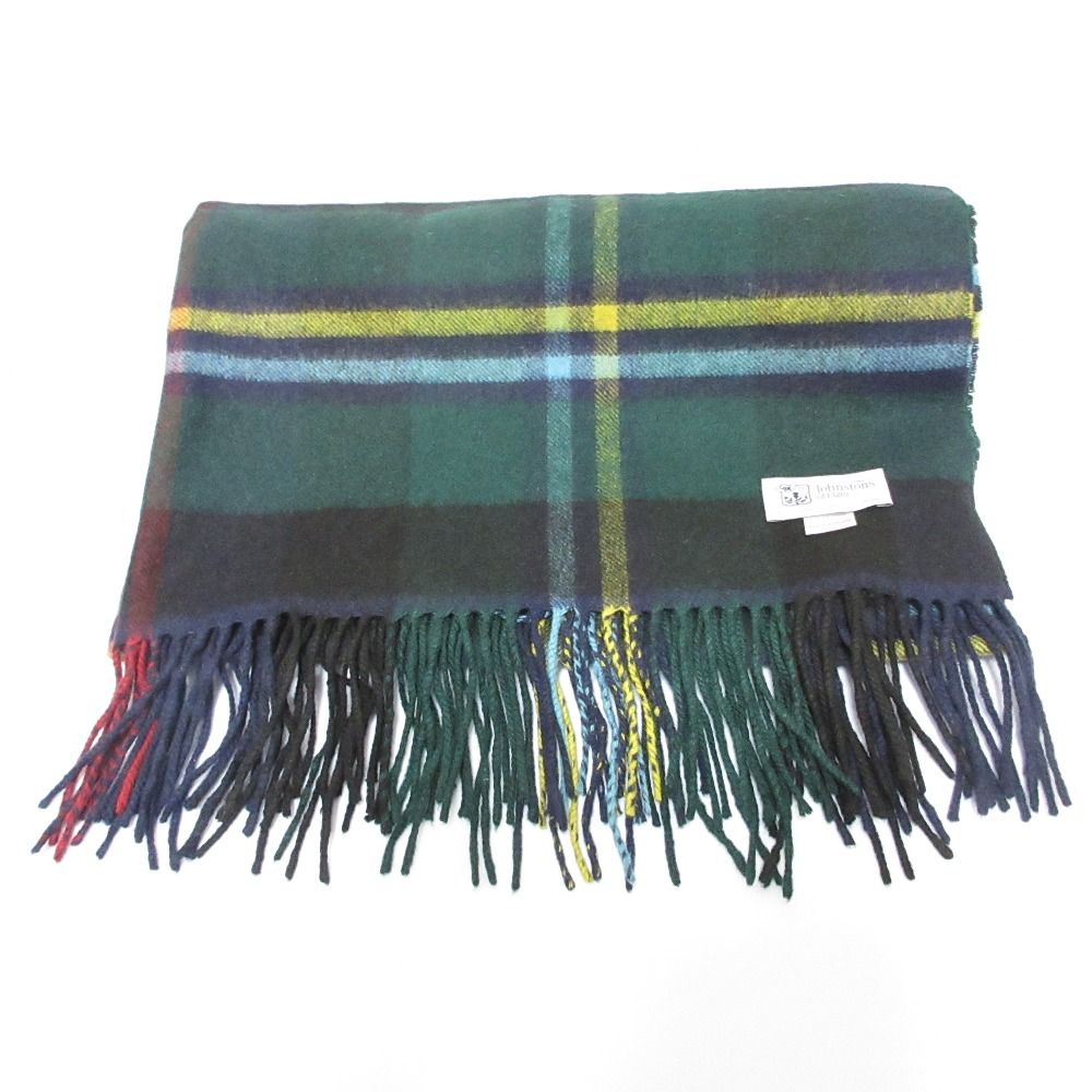 Johnstons of Elgin ジョンストンズオブエルガン チェック カシミヤ 大判ストール マフラー ネイビー グリーン レディース 古着