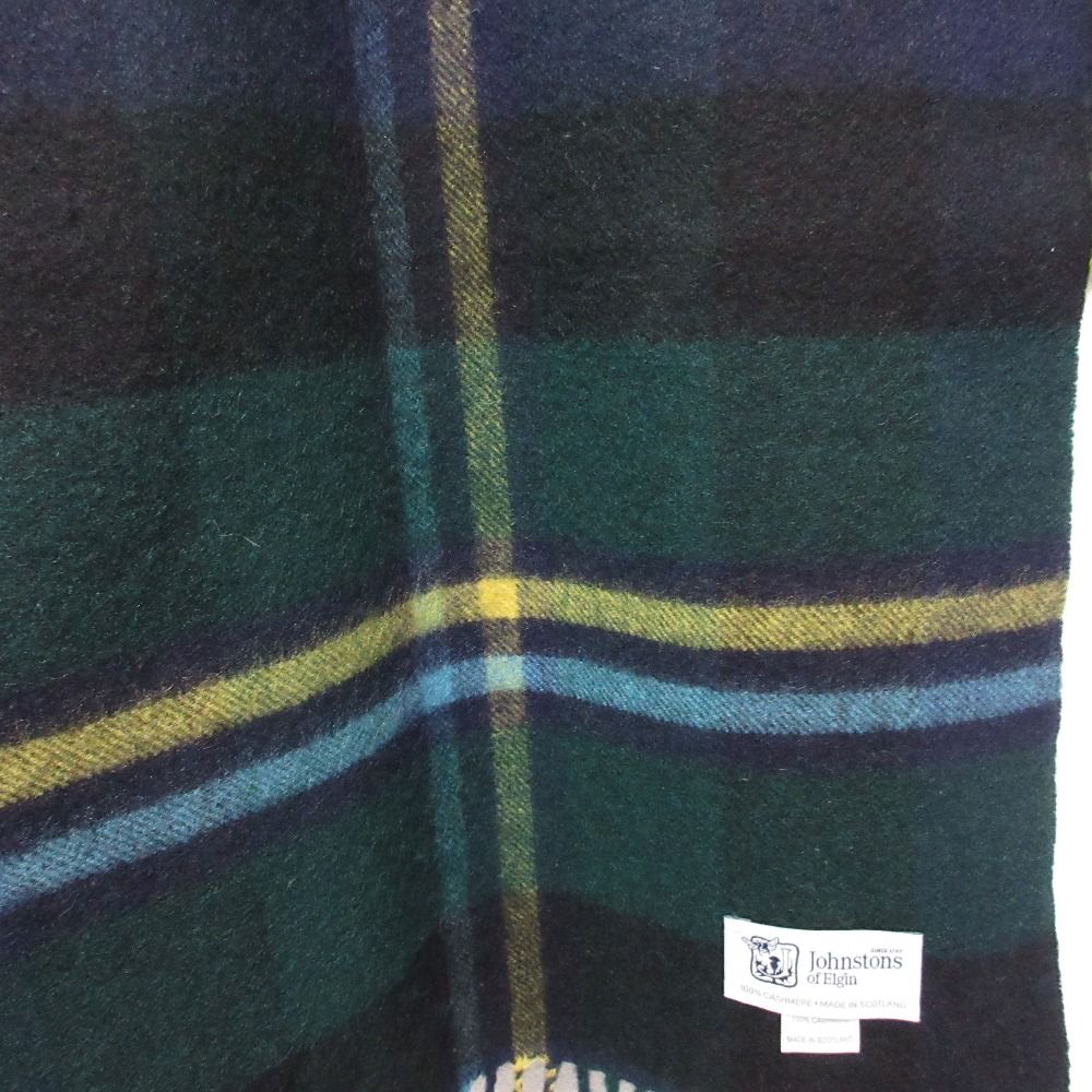  Johnstons of Elgin ジョンストンズオブエルガン チェック カシミヤ 大判ストール マフラー ネイビー グリーン レディース 古着 マフラー 小物