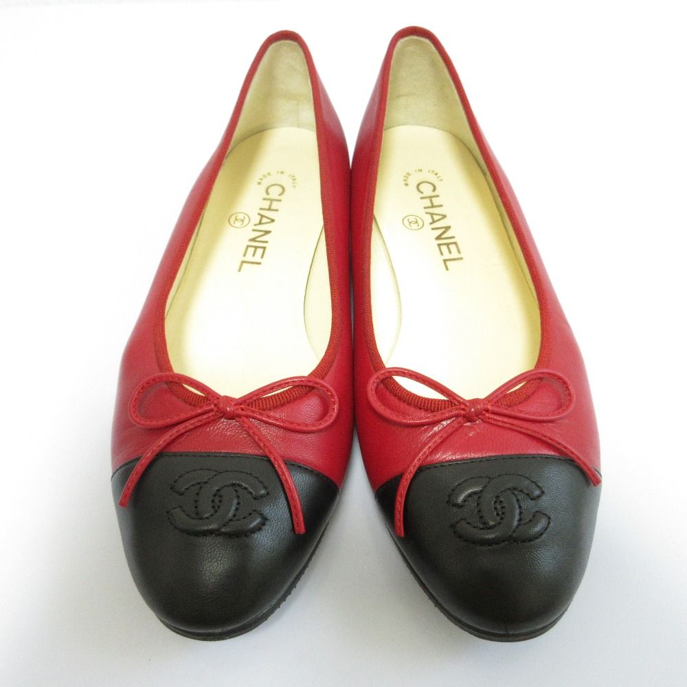 CHANEL シャネル バイ ココマーク バレリーナ パンプス サイズ37 1 2 C 24.5 cm相当 レッド ブラック レディース 古着