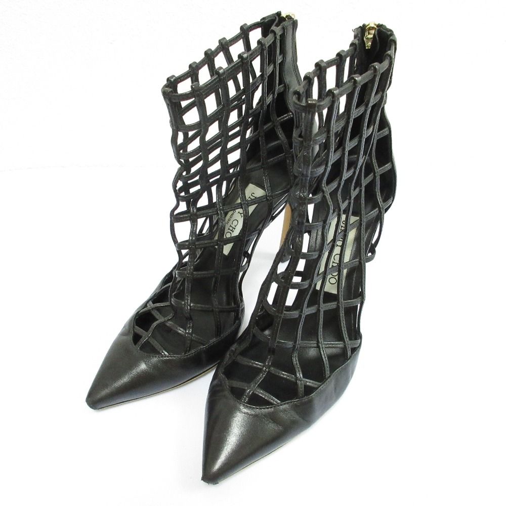 JIMMY CHOO ジミーチュウ メッシュ レザー ブーティ ショートブーツ サイズ37 24 cm相当 ブラック レディース 古着