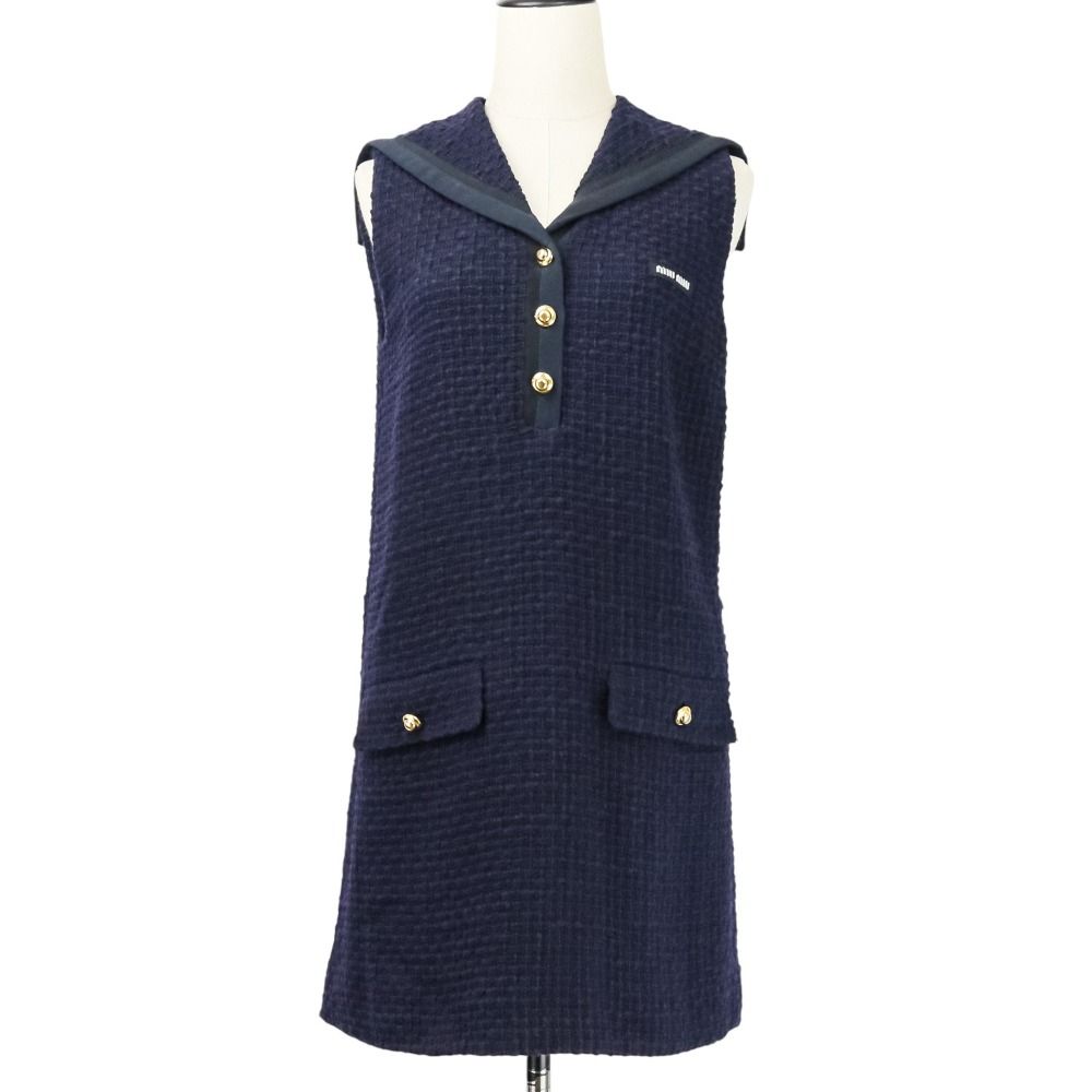 23SS MIU MIU ミュウミュウ セーラー 金ボタン ツイード ミニワンピース サイズ40 ネイビー レディース 古着
