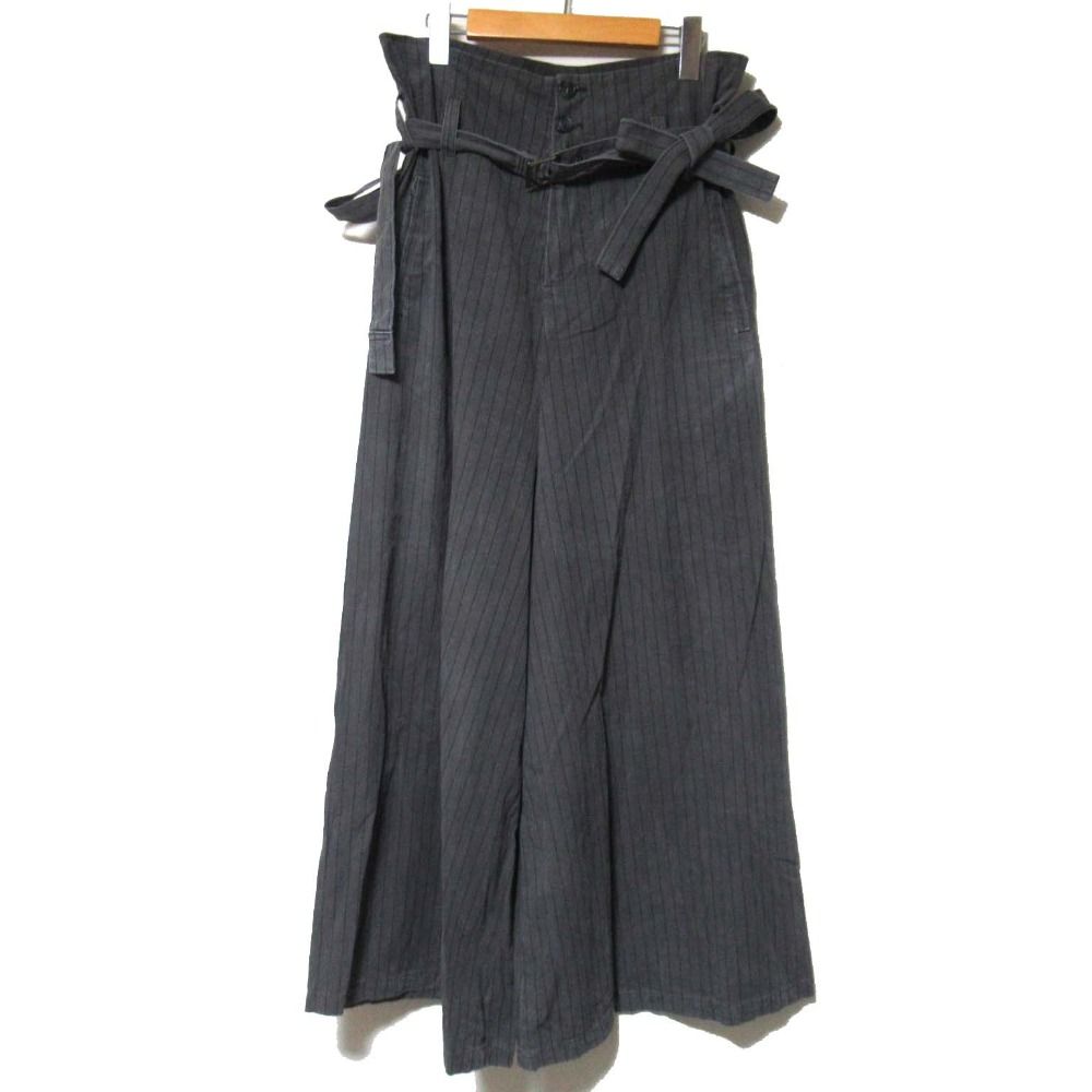 22SS LIMI feu リミフゥ ヨウジヤマモト ピンストライプ柄 リネンラミーブレンド ベルテッド ワイドパンツ サイズ2 グレー レディース 古着