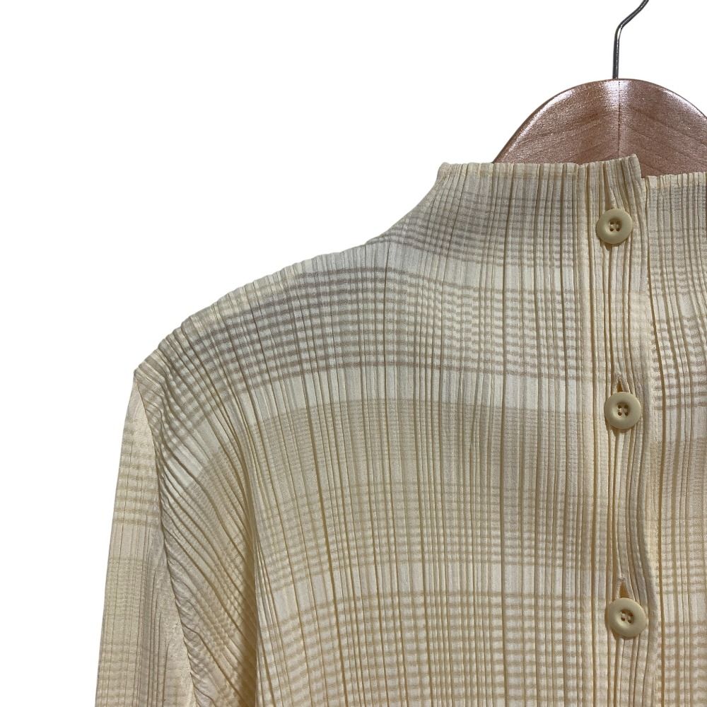 PLEATS PLEASE ISSEY MIYAKE プリーツプリーズ イッセイミヤケ チェック シャツカーディガン PP61-J0665 size4 ライトベージュ レディース 古着