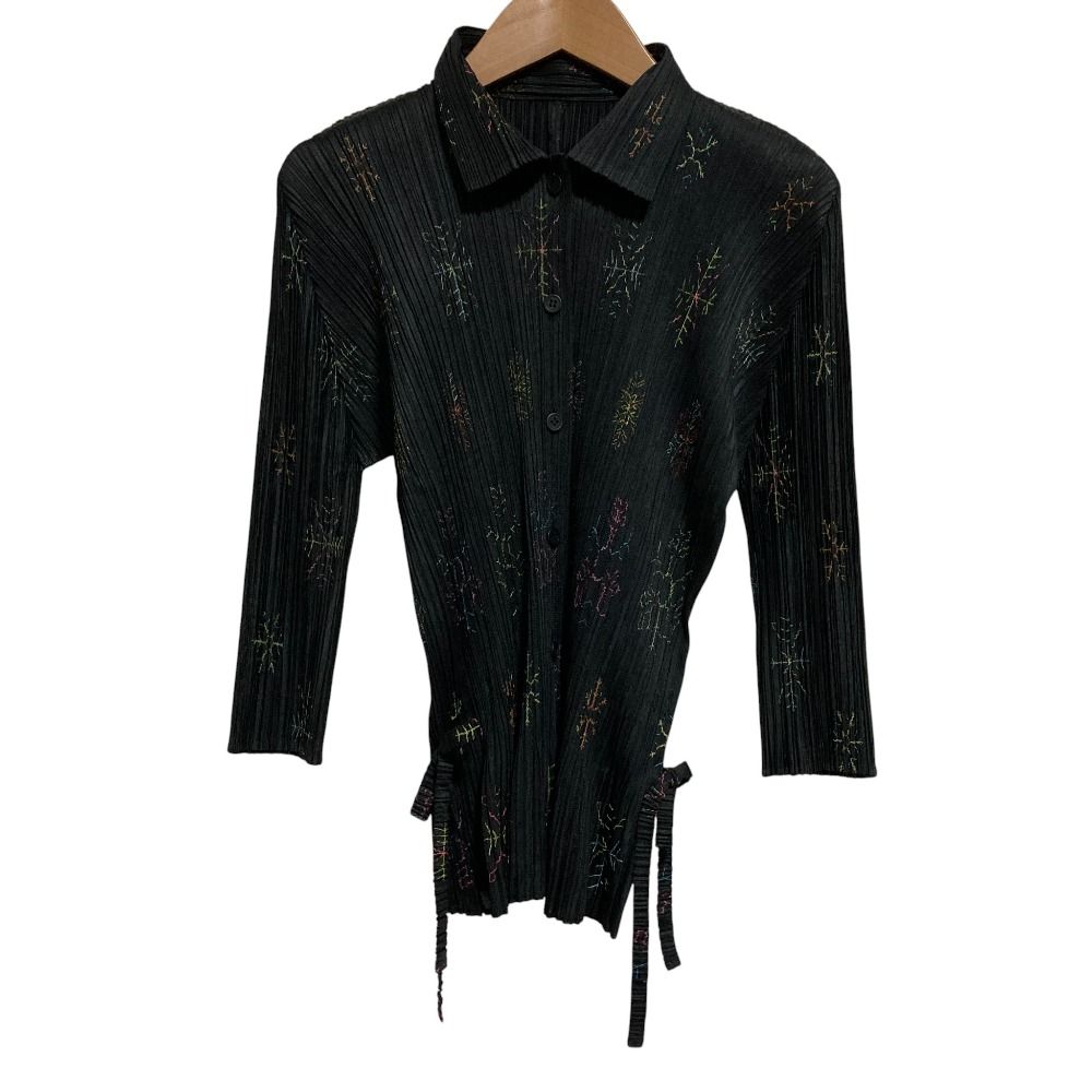 PLEATS PLEASE ISSEY MIYAKE プリーツプリーズ イッセイミヤケ 雪の結晶 エンブロイダリーシャツ PP53-JJ722 サイズ3 ブラック レディース 古着