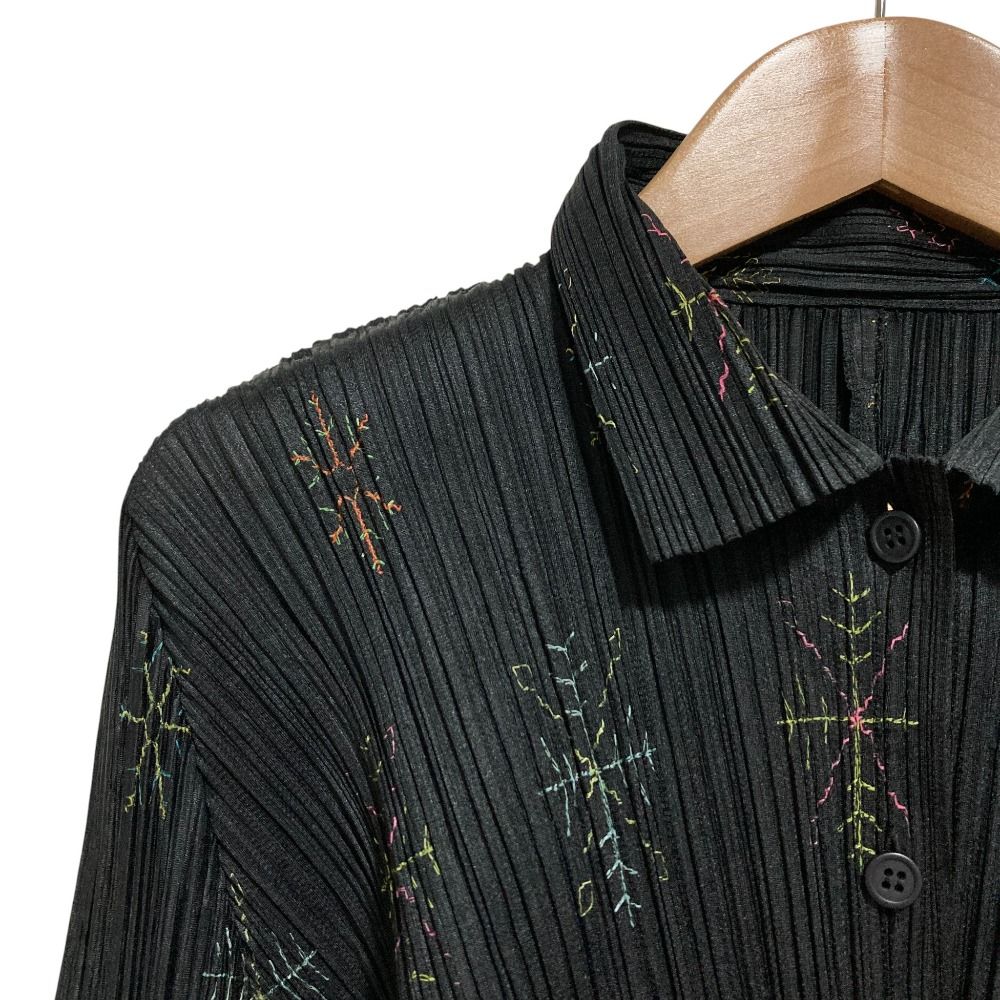 PLEATS PLEASE ISSEY MIYAKE プリーツプリーズ イッセイミヤケ 雪の結晶 エンブロイダリーシャツ PP53-JJ722 サイズ3 ブラック レディース 古着