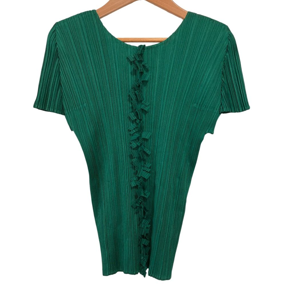 PLEATS PLEASE プリーツプリーズ イッセイミヤケ フリル ショートスリーブ カットソー PP63-JK121 サイズ3 グリーン レディース 古着