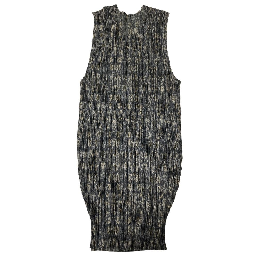 欠品 PLEATS PLEASE ISSEY MIYAKE プリーツプリーズ イッセイミヤケ 総柄 ノースリーブ カットソー PP14-JK481 size4 ブラック カーキ レディース 古着
