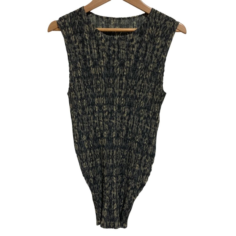 PLEATS PLEASE ISSEY MIYAKE プリーツプリーズ イッセイミヤケ 総柄 ノースリーブ カットソー PP14-JK481 size4 ブラック カーキ レディース 古着