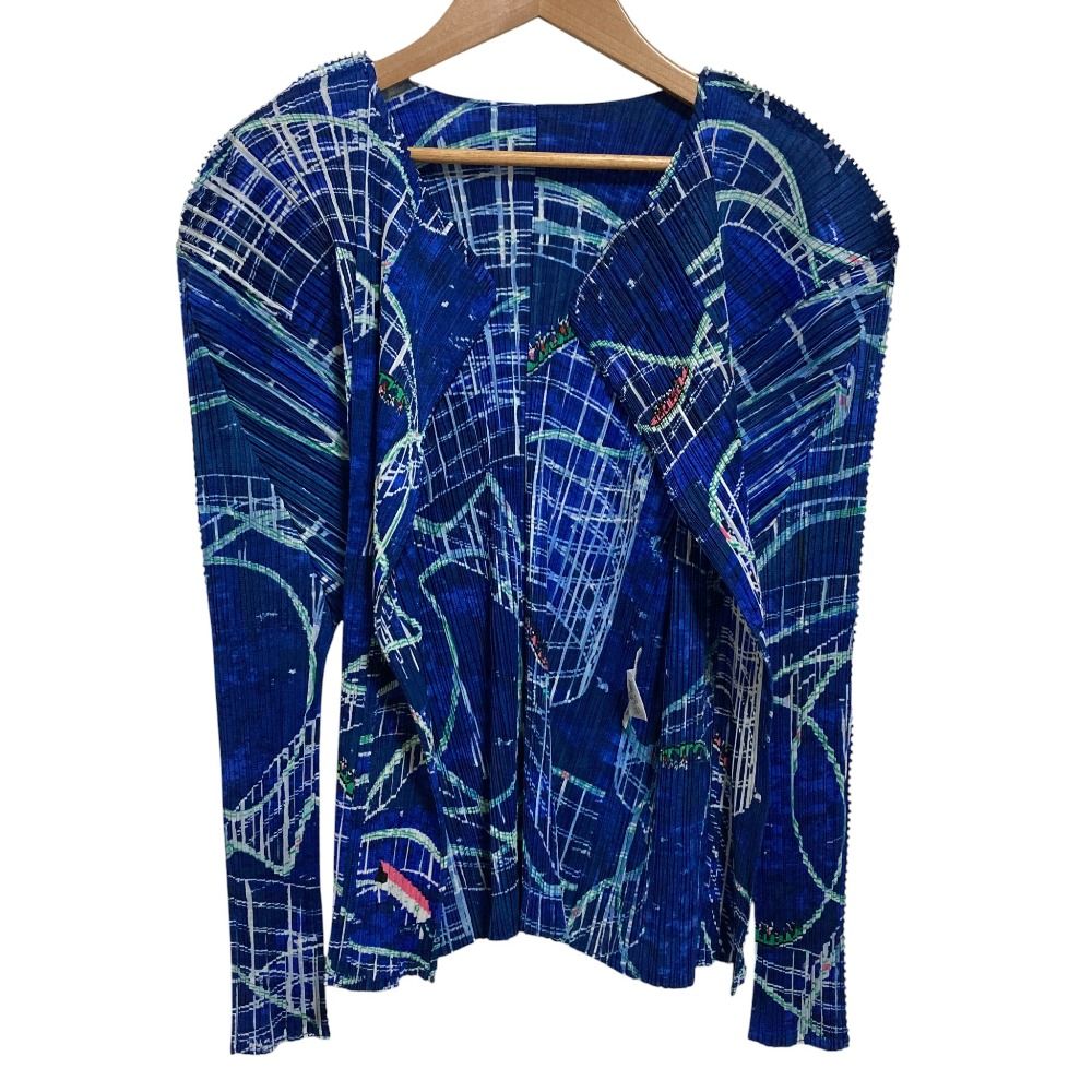 PLEATS PLEASE ISSEY MIYAKE プリーツプリーズ イッセイミヤケ ジェットコースター柄 カーディガン PP43-J0584 size3 ブルー レディース 古着