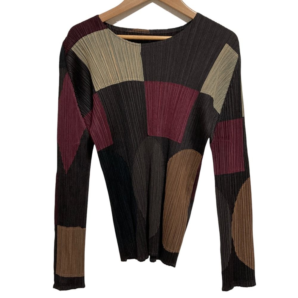 PLEATS PLEASE プリーツプリーズ イッセイミヤケ ブロック ロングスリーブ カットソー PP43-JK831 size4 ブラウン レディース 古着