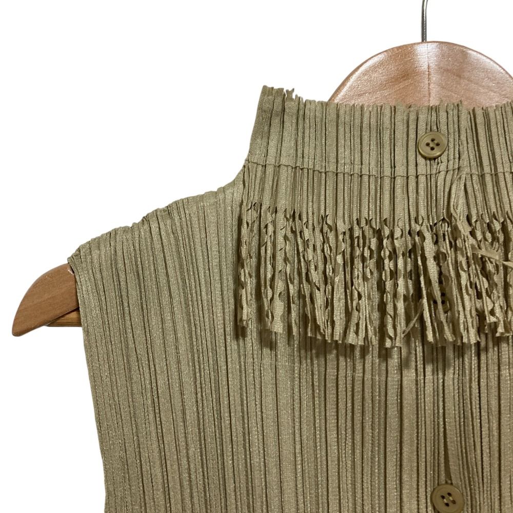 PLEATSPLEASE ISSEYMIYAKE プリーツプリーズ イッセイミヤケ フリンジ ノースリーブ ロングシャツ PP43-JE744 3 ベージュ レディース 古着