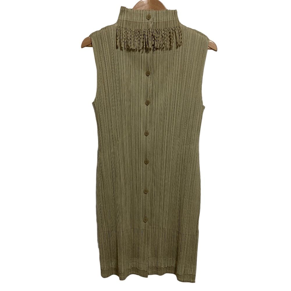 PLEATSPLEASE ISSEYMIYAKE プリーツプリーズ イッセイミヤケ フリンジ ノースリーブ ロングシャツ PP43-JE744 3 ベージュ レディース 古着