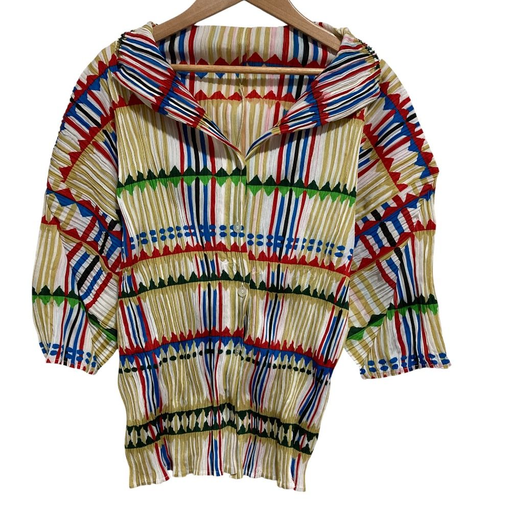 PLEATS PLEASE ISSEY MIYAKE プリーツプリーズ イッセイミヤケ ストライプ 七分袖 シャツ ブラウス PP 22 JK 793 3 マルチ レディース 古着