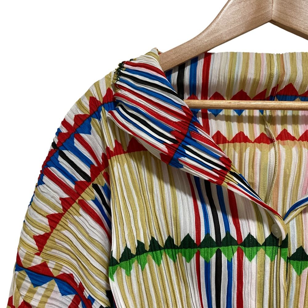 PLEATS PLEASE ISSEY MIYAKE プリーツプリーズ イッセイミヤケ ストライプ 七分袖 シャツ ブラウス PP22-JK793 3 マルチ レディース 古着
