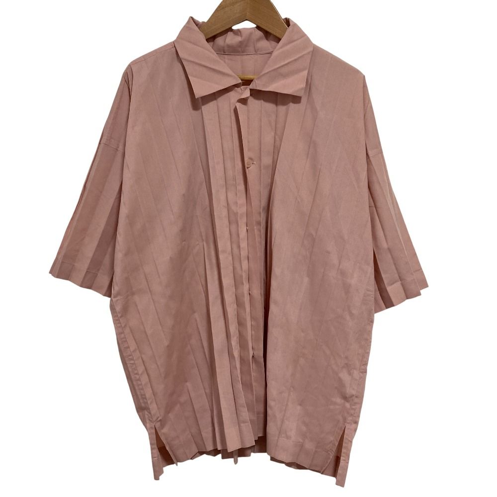 HOMME PLISSE ISSEY MIYAKE オムプリッセ イッセイミヤケ オープン 七分袖シャツ HP91FJ024 size2 ピンクベージュ メンズ 古着