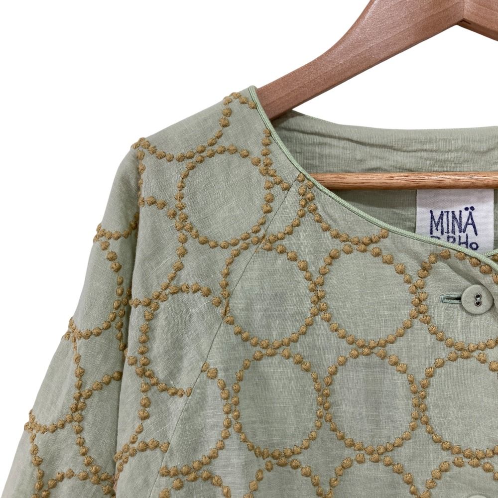 mina perhonen ミナペルホネン ランドリー tambourine リネン 七分袖ブラウス rs1610 サイズ38 グリーン レディース 古着