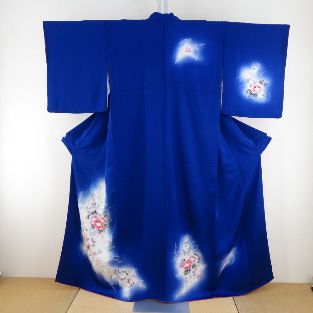 付下げ 袷 青色ｘピンク色ｘ多色 ぼかし染め 花瓶紋様 広衿 正絹 仕立て上がり着物 身丈158cm【中古】 小紋 霧に花模様 ぼかし染め 青xピンク 箔入り 紗綾形地紋 金x銀 袷