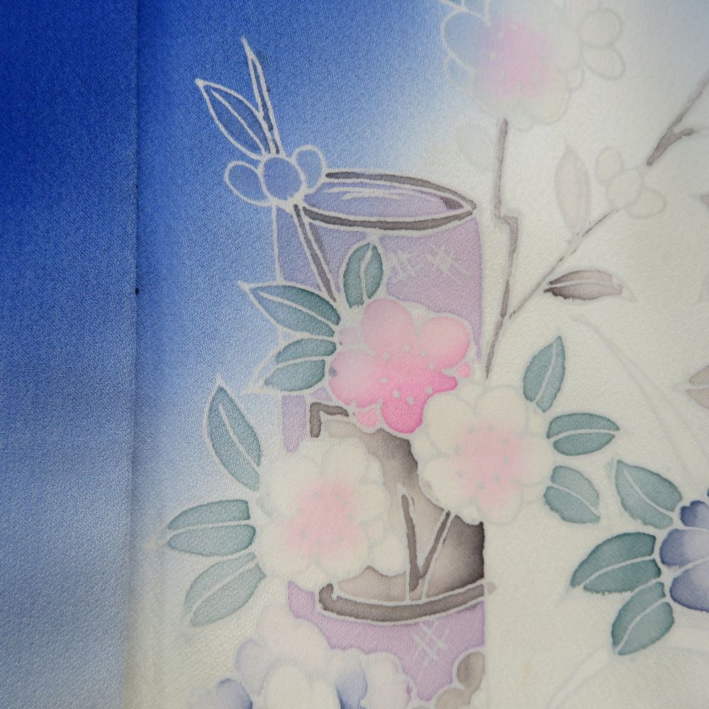 付下げ 袷 青色xピンク色x多色 ぼかし染め 花瓶紋様 広衿 正絹