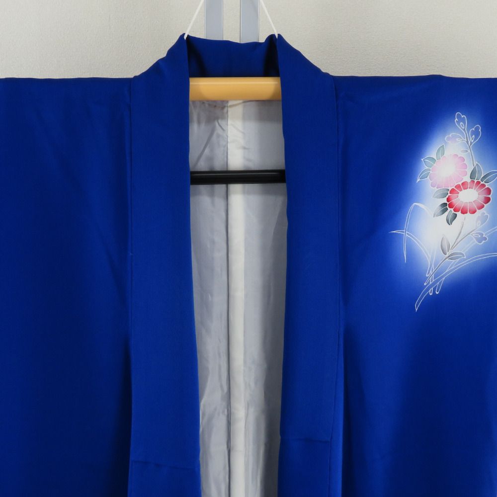 付下げ 袷 青色xピンク色x多色 ぼかし染め 花瓶紋様 広衿 正絹