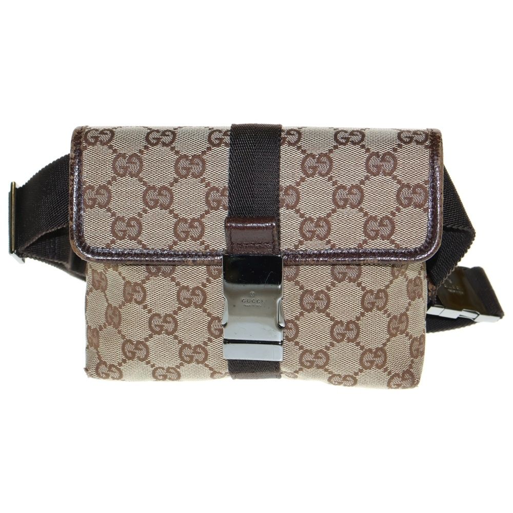 GUCCI グッチ GG柄 ウエストバッグ ボディバッグ ミニバッグ ベージュ×ブラウン レザー×キャンバス シルバー金具 131236