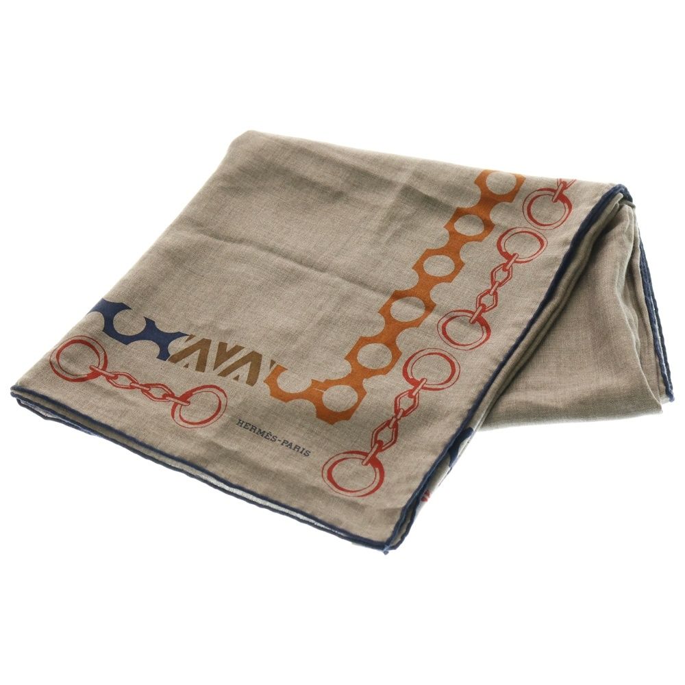HERMES エルメス カレ140 LISTE EN CHAINES リスト アン シェーヌ スカーフ グレージュ カシミヤ×シルク