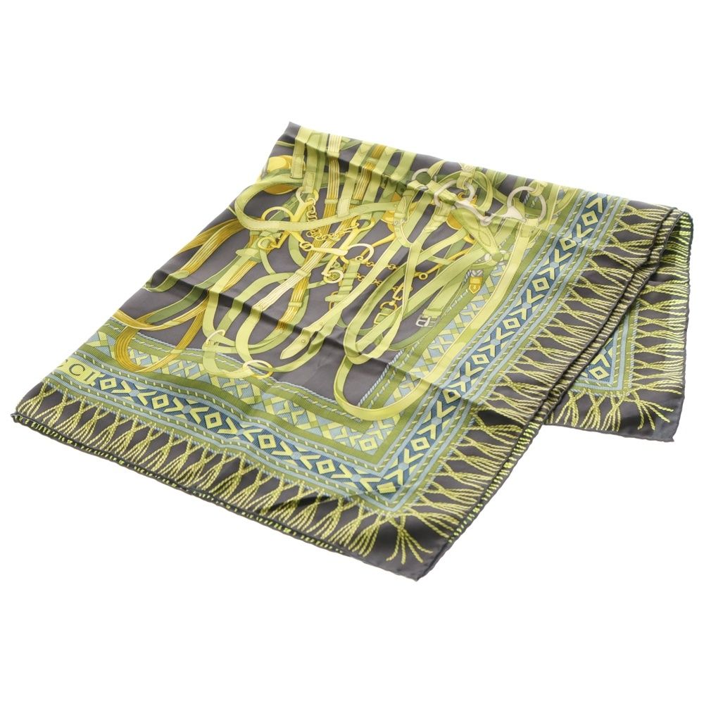 GUCCI グッチ ベルト柄 大判スカーフ シルク ネイビー×グリーン