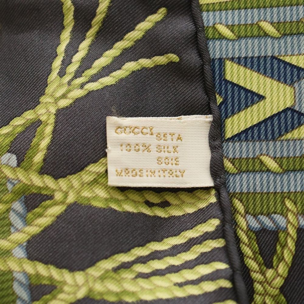 GUCCI (グッチ) ベルト柄 大判スカーフ シルク ネイビー×グリーン