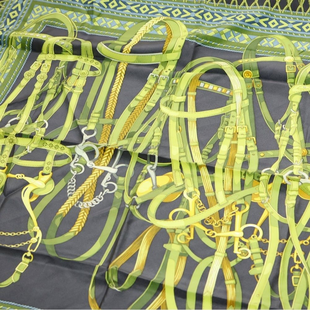 GUCCI (グッチ) ベルト柄 大判スカーフ シルク ネイビー×グリーン