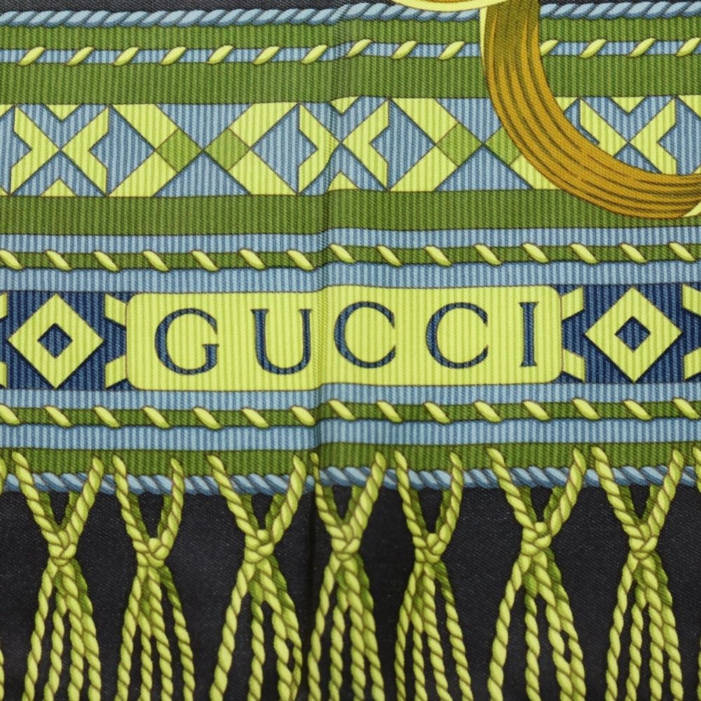 GUCCI (グッチ) ベルト柄 大判スカーフ シルク ネイビー×グリーン