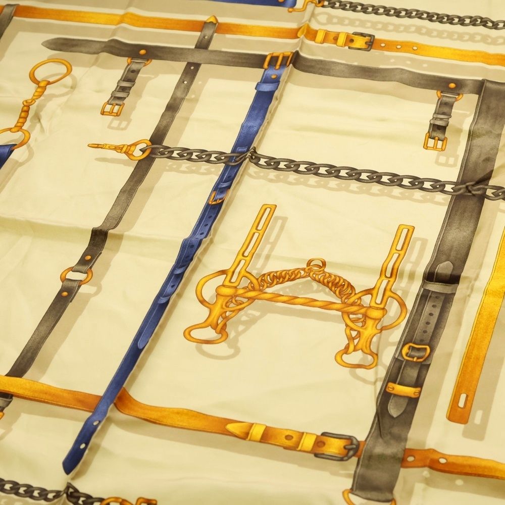  GUCCI グッチ ベルト柄 大判スカーフ シルク ベージュ×ブラウン バンダナ スカーフ 小物