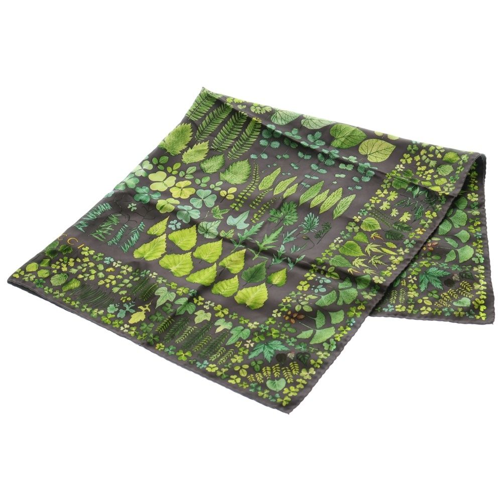 GUCCI グッチ 大判スカーフ シルク リーフ柄 グレー×グリーン