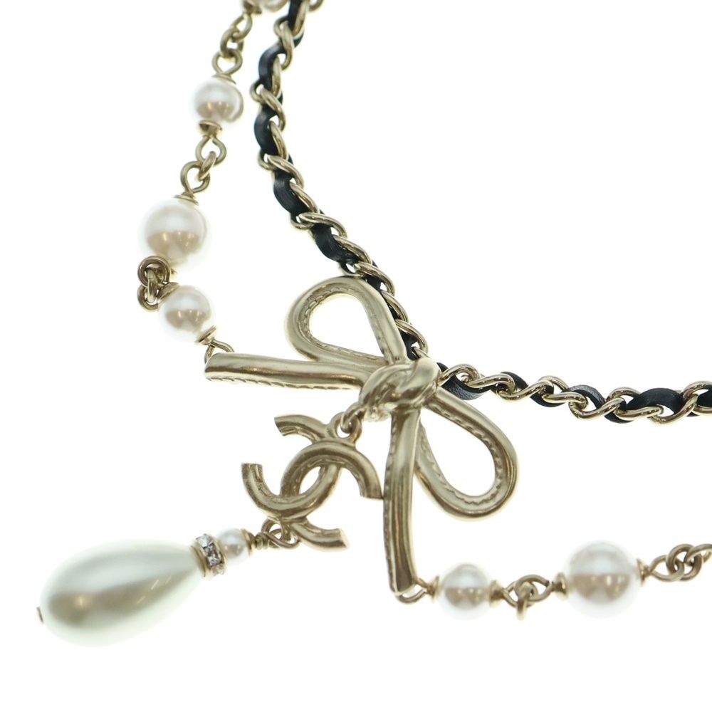 CHANEL シャネル ココマーク リボンチャーム フェイクパールネックレス ゴールド チェーン GP A22S