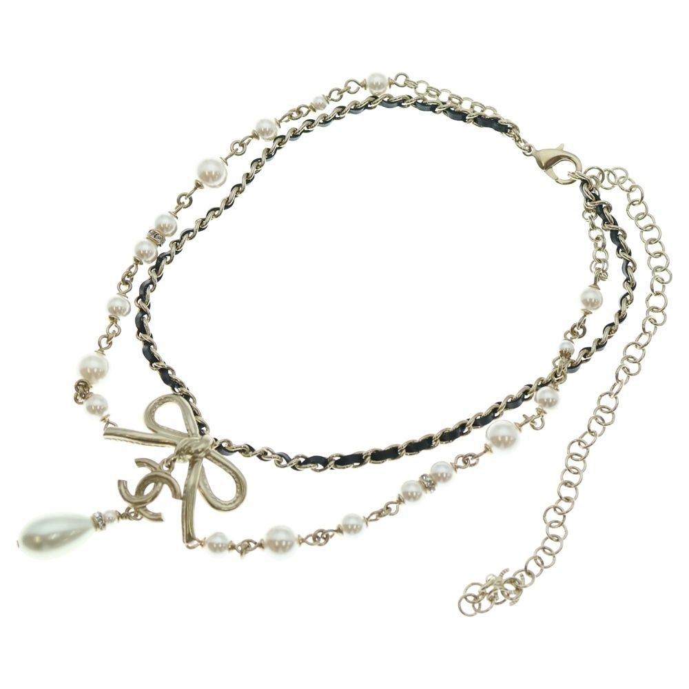 CHANEL シャネル ココマーク リボンチャーム フェイクパールネックレス ゴールド チェーン GP A22S