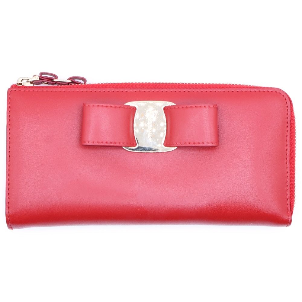 フェラガモ ロゴデザインプレート ヴァラリボン ロングウォレット 長財布 レッド JP-22-D 239