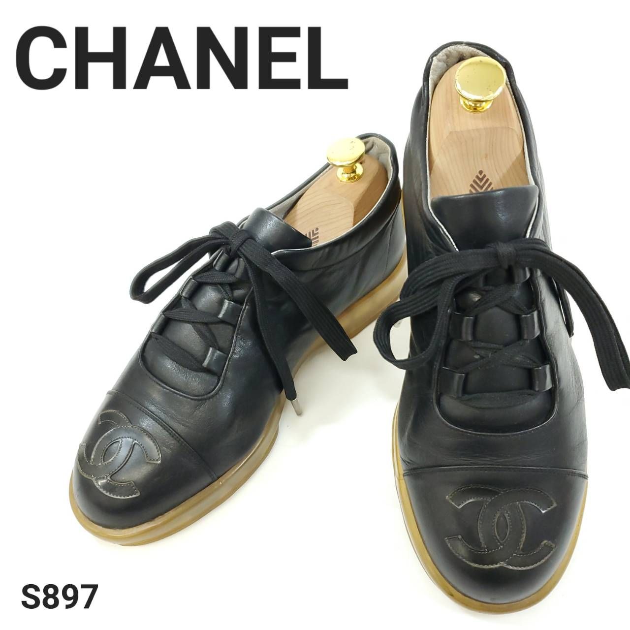 シャネル ココマーク レザースニーカー クリアソール ローカット ブラック