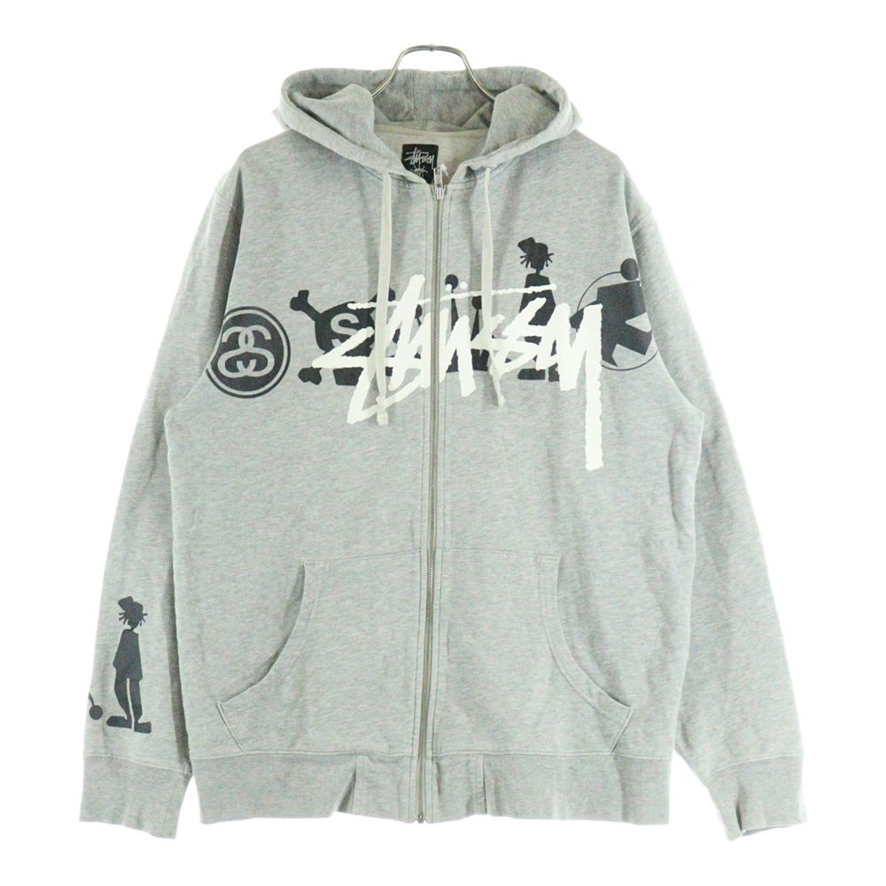 STUSSY ステューシー 00S ロゴプリント ジップアップ フーディ スウェットパーカー 金タグ グレー
