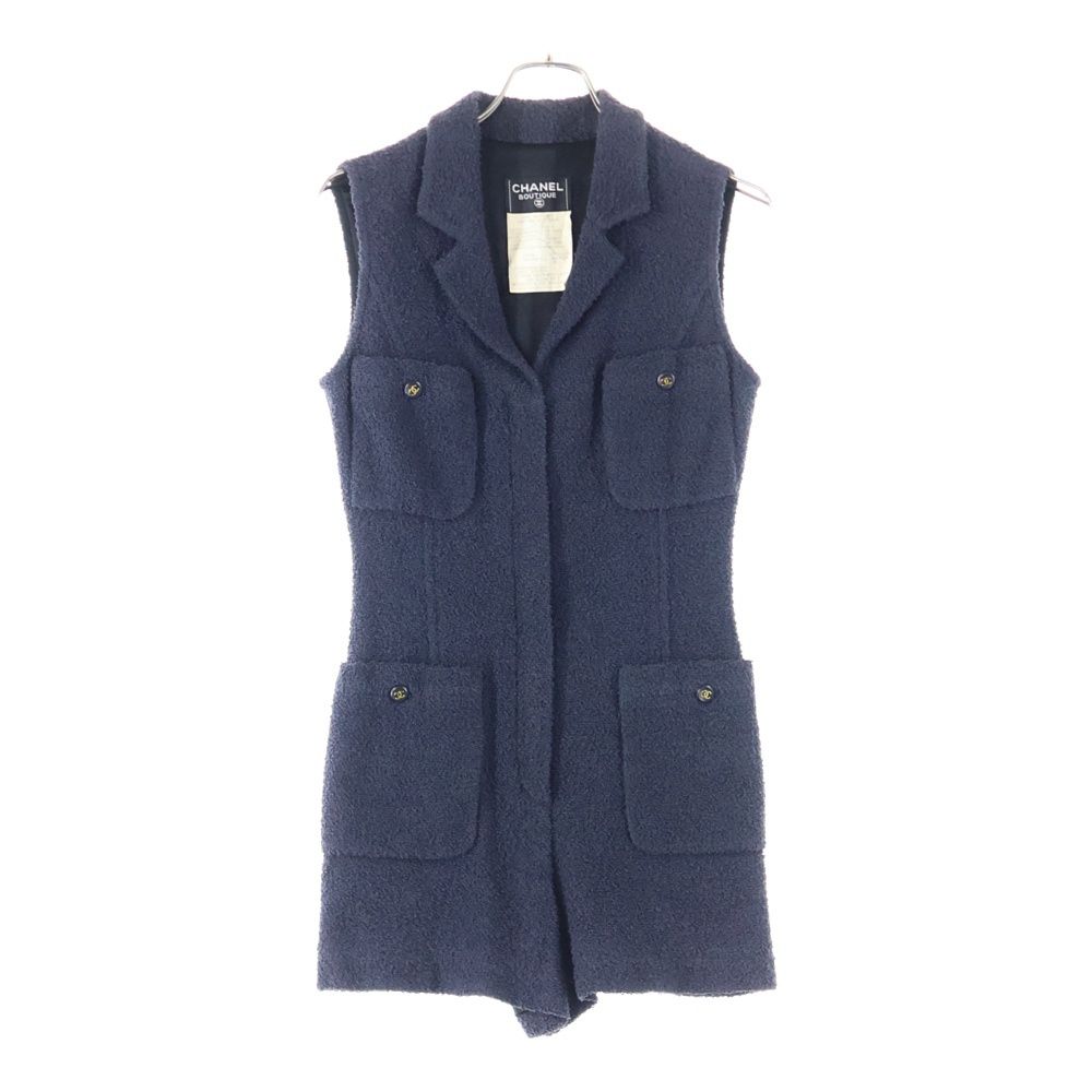 CHANEL シャネル 95P ココマークボタン パイル ジップアップ ノースリーブ タイト ワンピース ネイビー レディース