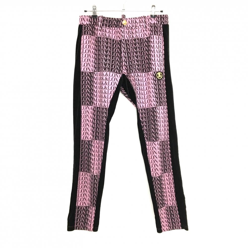 超 マークアンドロナ パンツ ピンク×ダークブラウン系 ロゴ総柄 ウール混 サイド黒 スカル メンズ 48 L ゴルフウェア MARK&LONA