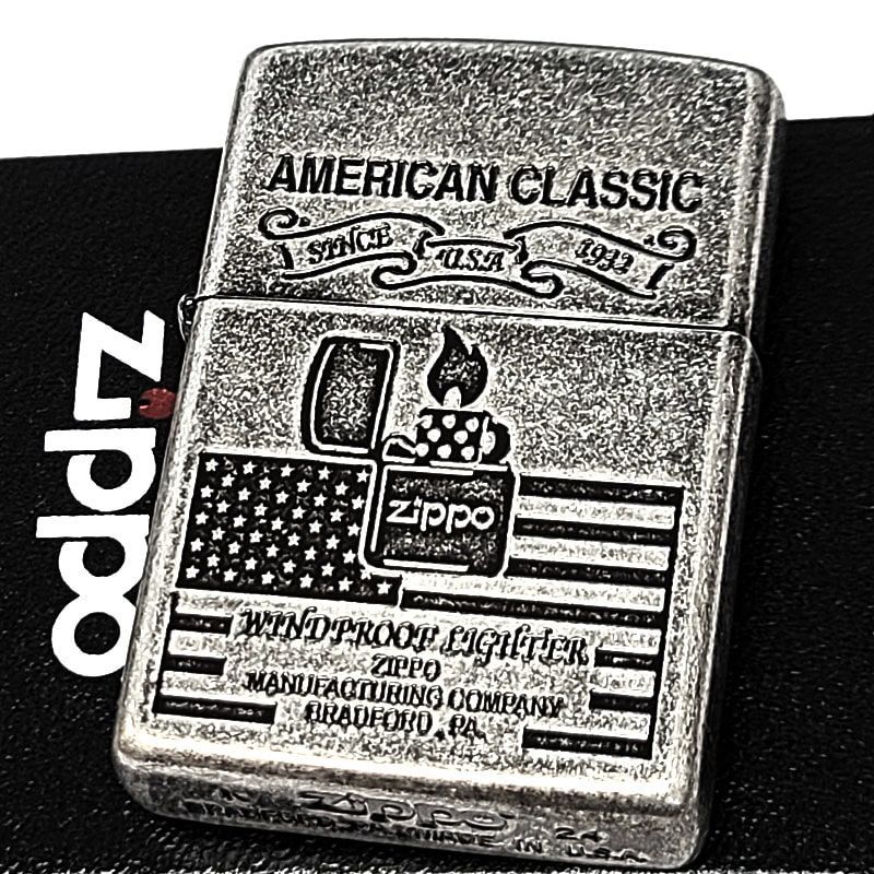ZIPPO ライター アメリカン クラシック アンティークシルバー レトロ柄 ジッポ 銀古美 国旗 かわいい 彫刻 ニッケルバレル 渋い メンズ ギフト プレゼント