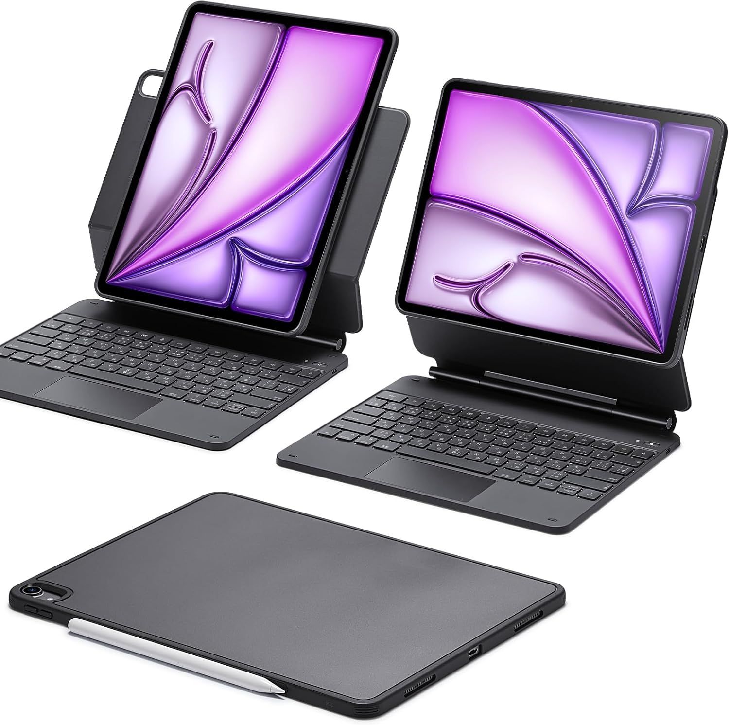 ESR iPad Air 13インチ用キーボード付きケース　簡単セットマグネット式スタンド 縦向き/横向きモード マルチタッチトラックパッド付き着脱可能ケース Rebound360シリーズ グレー