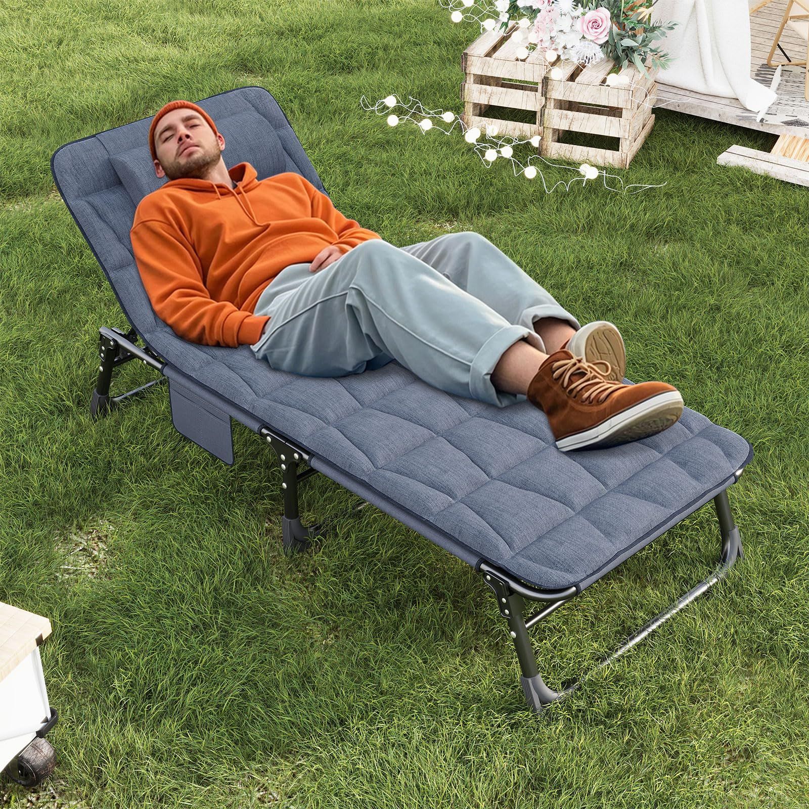 ATORPOK 折りたたみベッド キャンプベッド マットレスと枕付き リクライニング アウトドア コット キャンプ 室内外兼用 ブルー