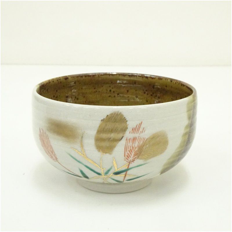 九谷焼 陶庄造 龍仙画 金彩色絵稲穂文茶碗（保護箱） 茶道 抹茶