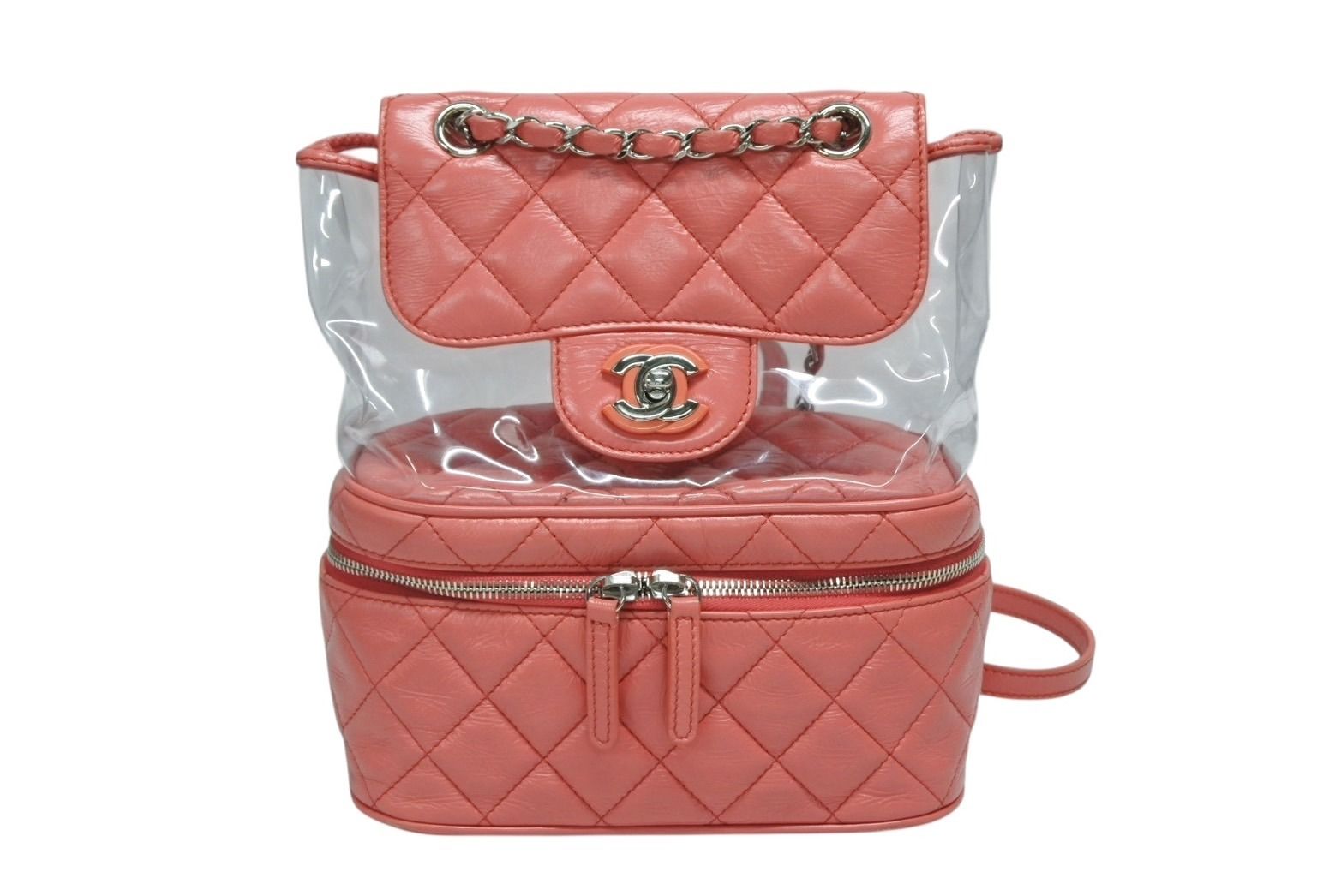 CHANEL シャネル チェーンバックパック リュック 25番台 ココマーク キルティング バニティ型 クリア ピンク系 4b008516