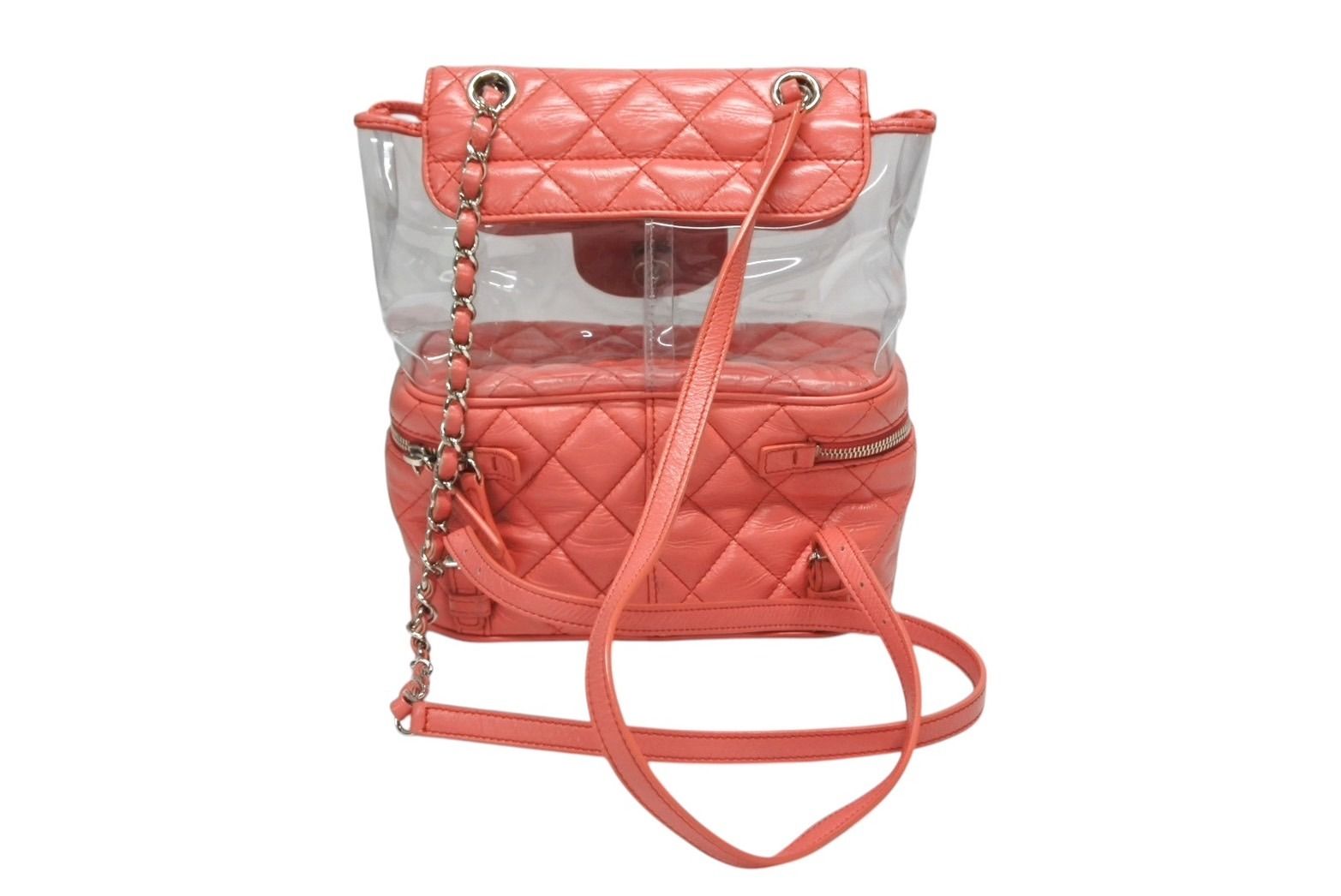 CHANEL シャネル チェーンバックパック リュック 25番台 ココマーク キルティング バニティ型 クリア ピンク系 4b008516