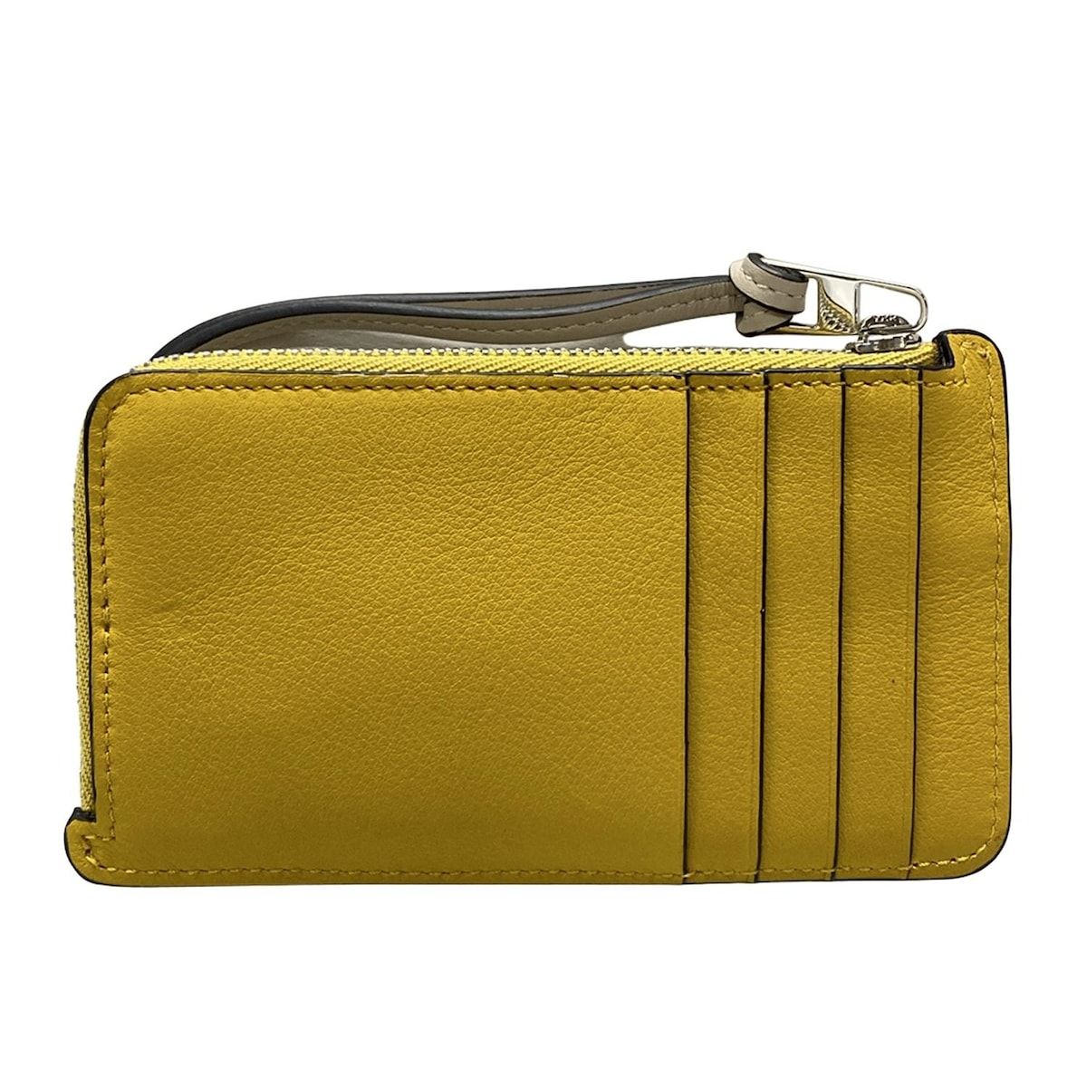 LOEWE ロエベ コインケース - イエロー×ライトグレー L字ファスナー カードホルダー キーリング付き アナグラム レザー