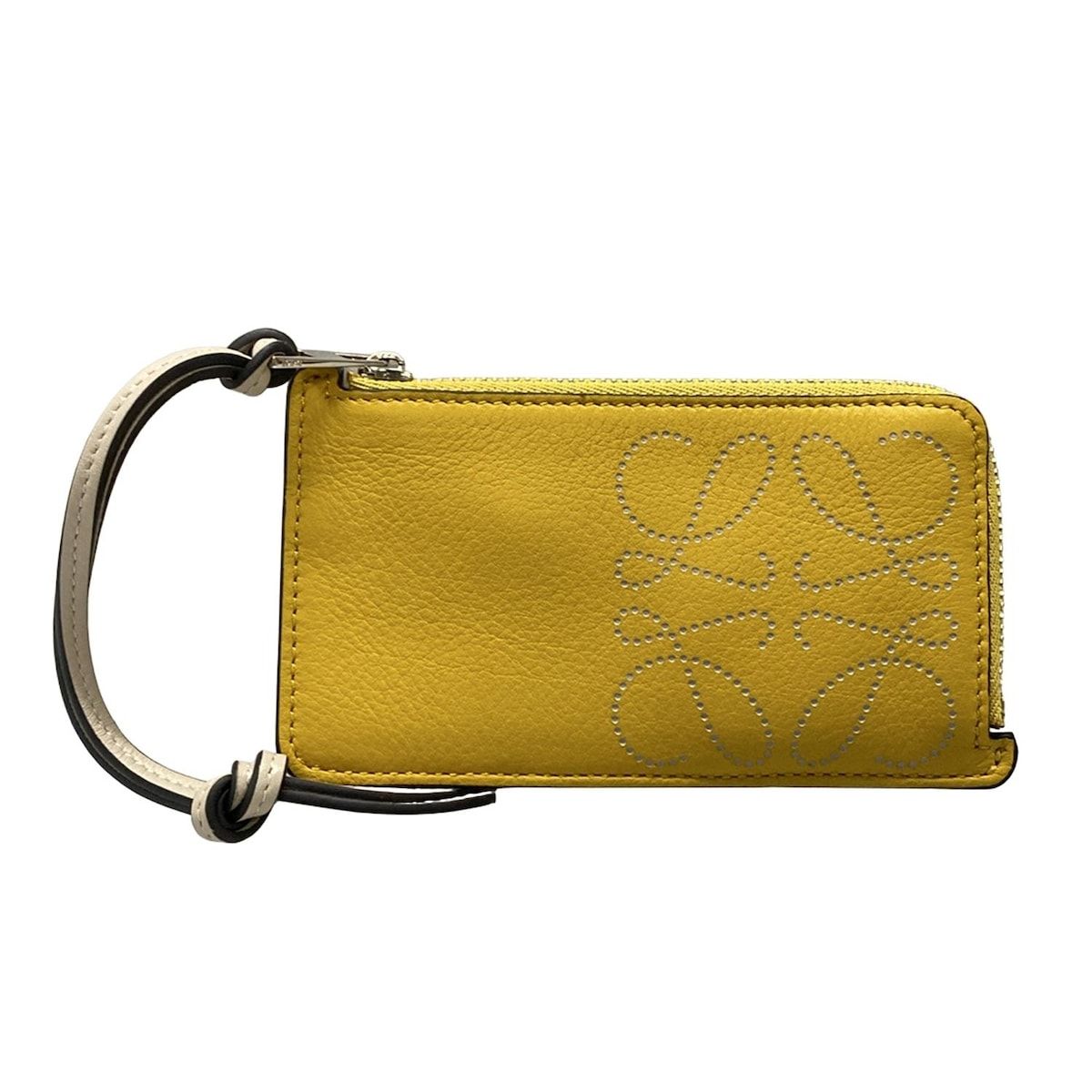 LOEWE ロエベ コインケース - イエロー×ライトグレー L字ファスナー カードホルダー キーリング付き アナグラム レザー